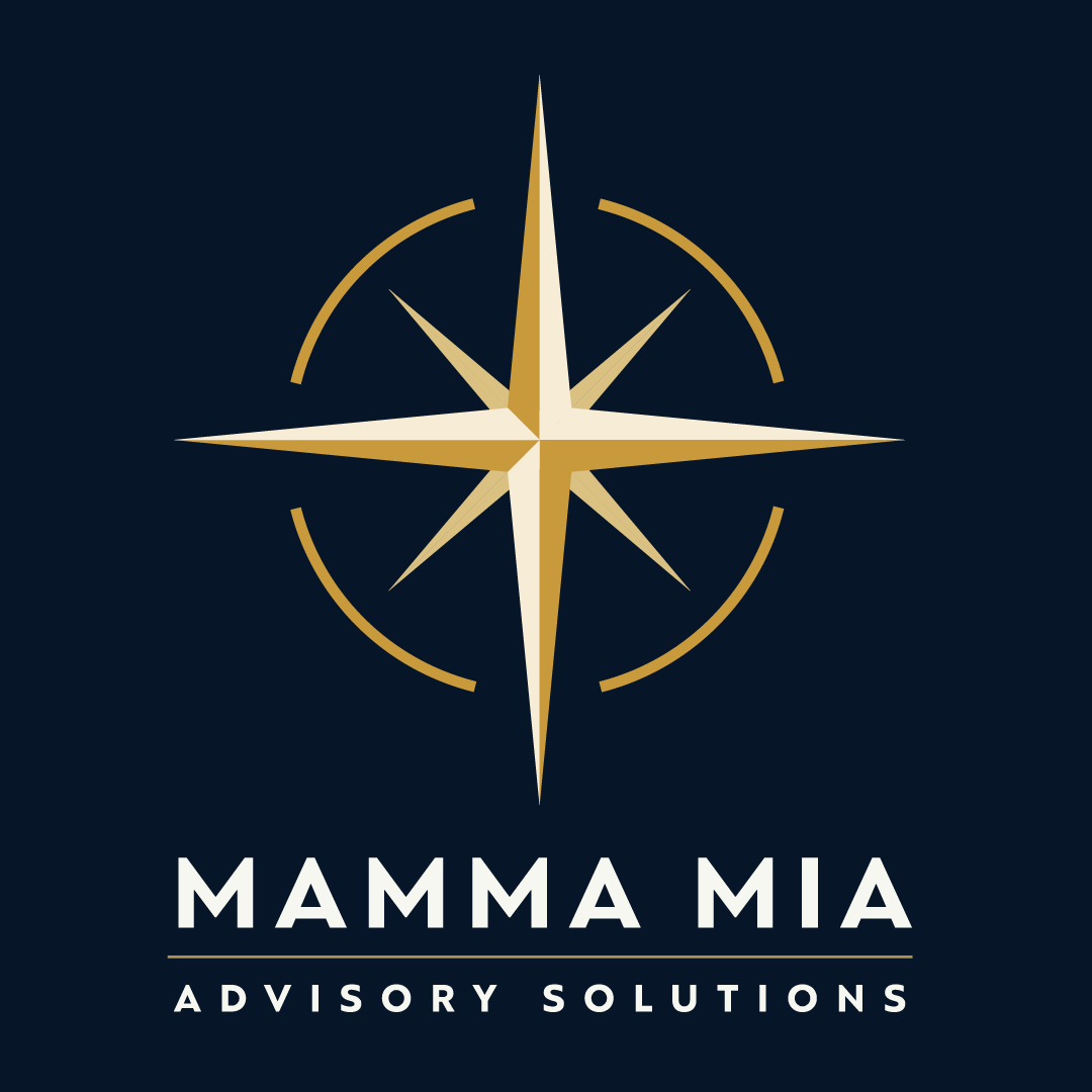 Mamma Mia Advisory Solutions logo: a gold and cream compass star on night navy