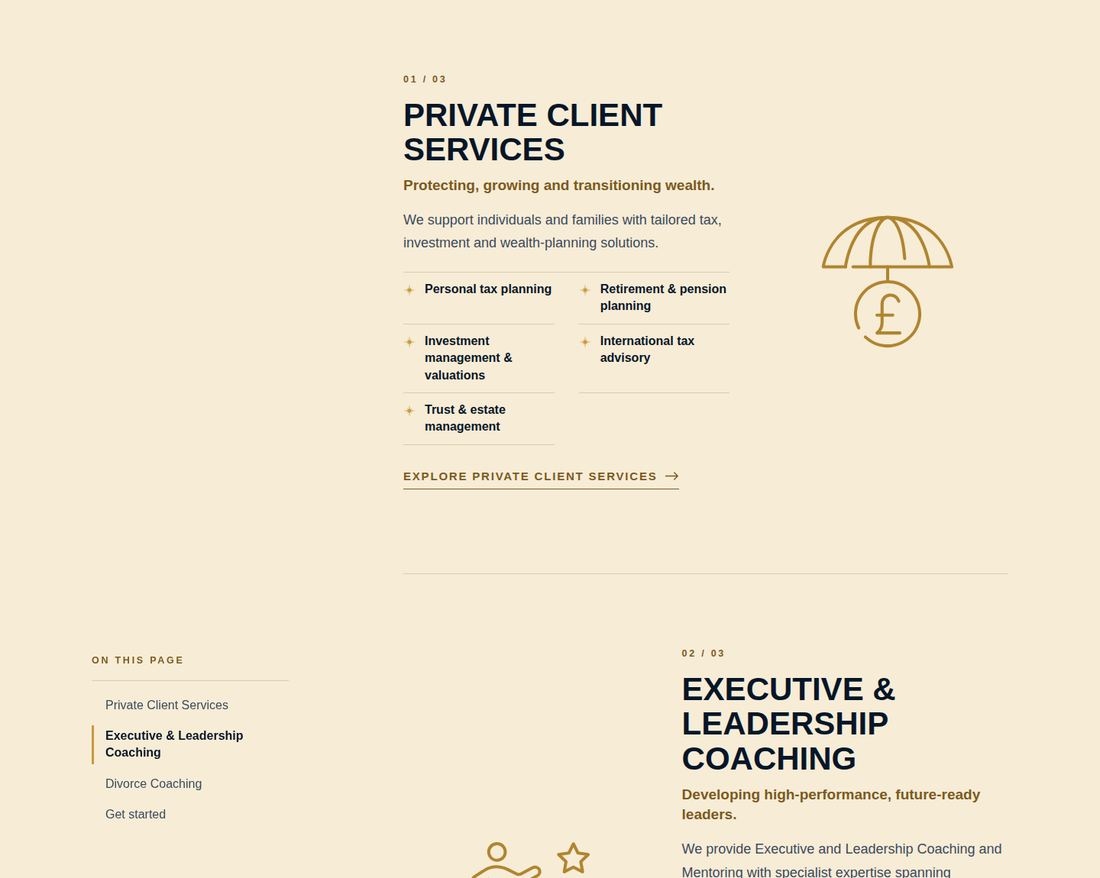 Direction page for People & Private with a sticky 'On this page' menu and gold line icons
