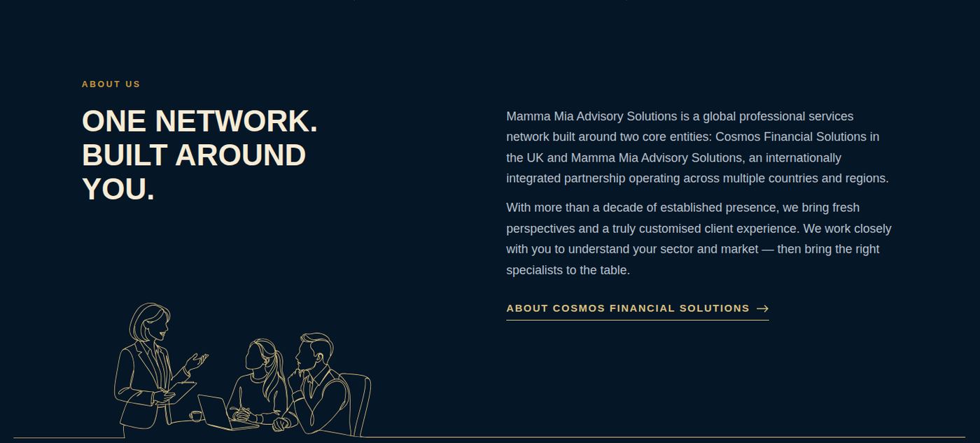 About section with a line drawing of a team in conversation, above a grid of gold line icons, one for each service
