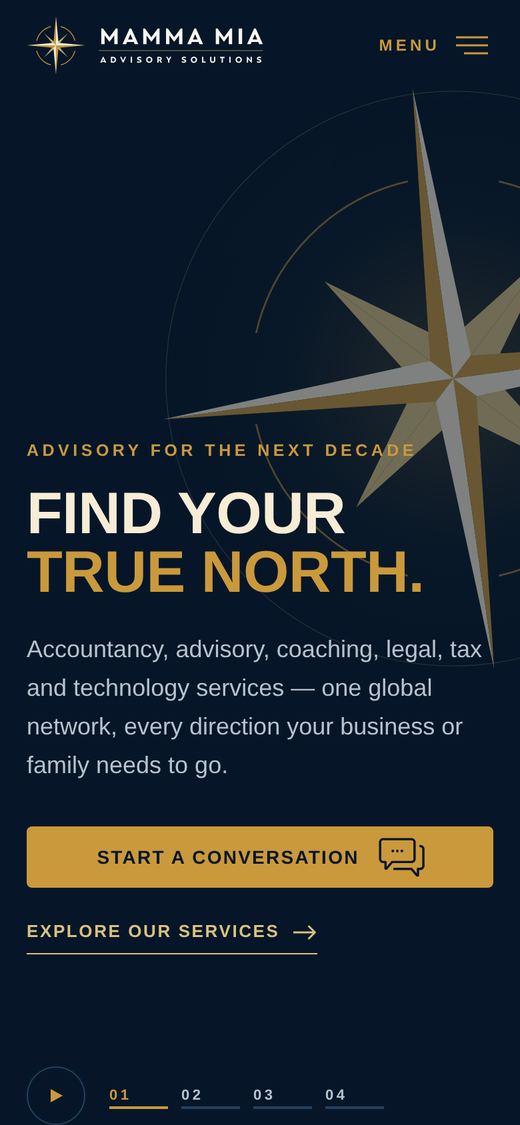 Mobile home page with the compass, headline and 'Start a conversation' button