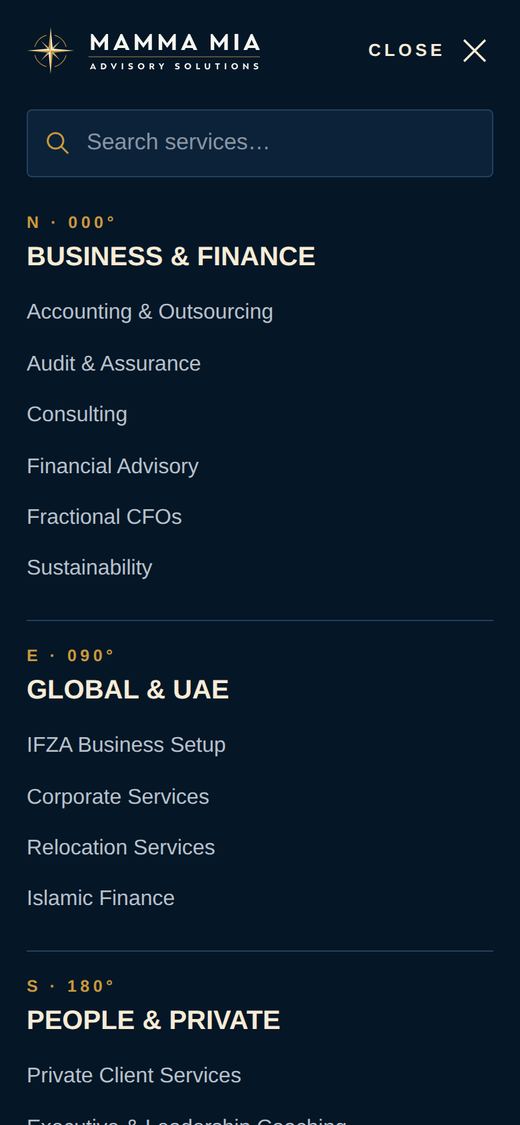 Full-screen mobile menu with service search, grouped by bearing