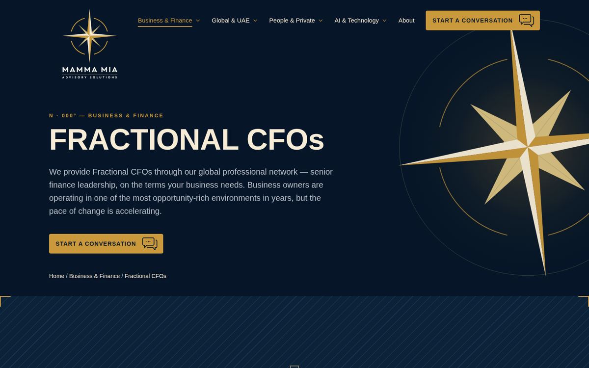 Service page for Fractional CFOs with the compass rotated to the North bearing